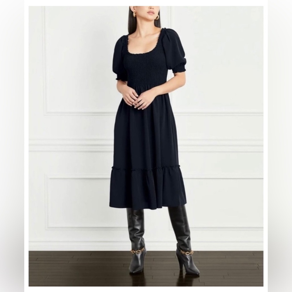 HILL HOUSE Home The Nap Dress with Pockets SZ Small Smocked Midi Black Peasant